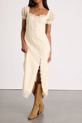 Crissa Cream Lace Textured Puff Sleeve Midi Dress