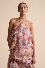Melody Pink Floral Tiered Halter Maxi Dress