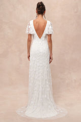 Safiya White Sequin Flutter Sleeve Maxi Dress