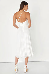 Wondrous Muse Navy Blue Pleated One-Shoulder Midi Dress