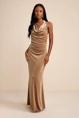 Elarina Blue Velvet Cowl Halter Mermaid Maxi Dress