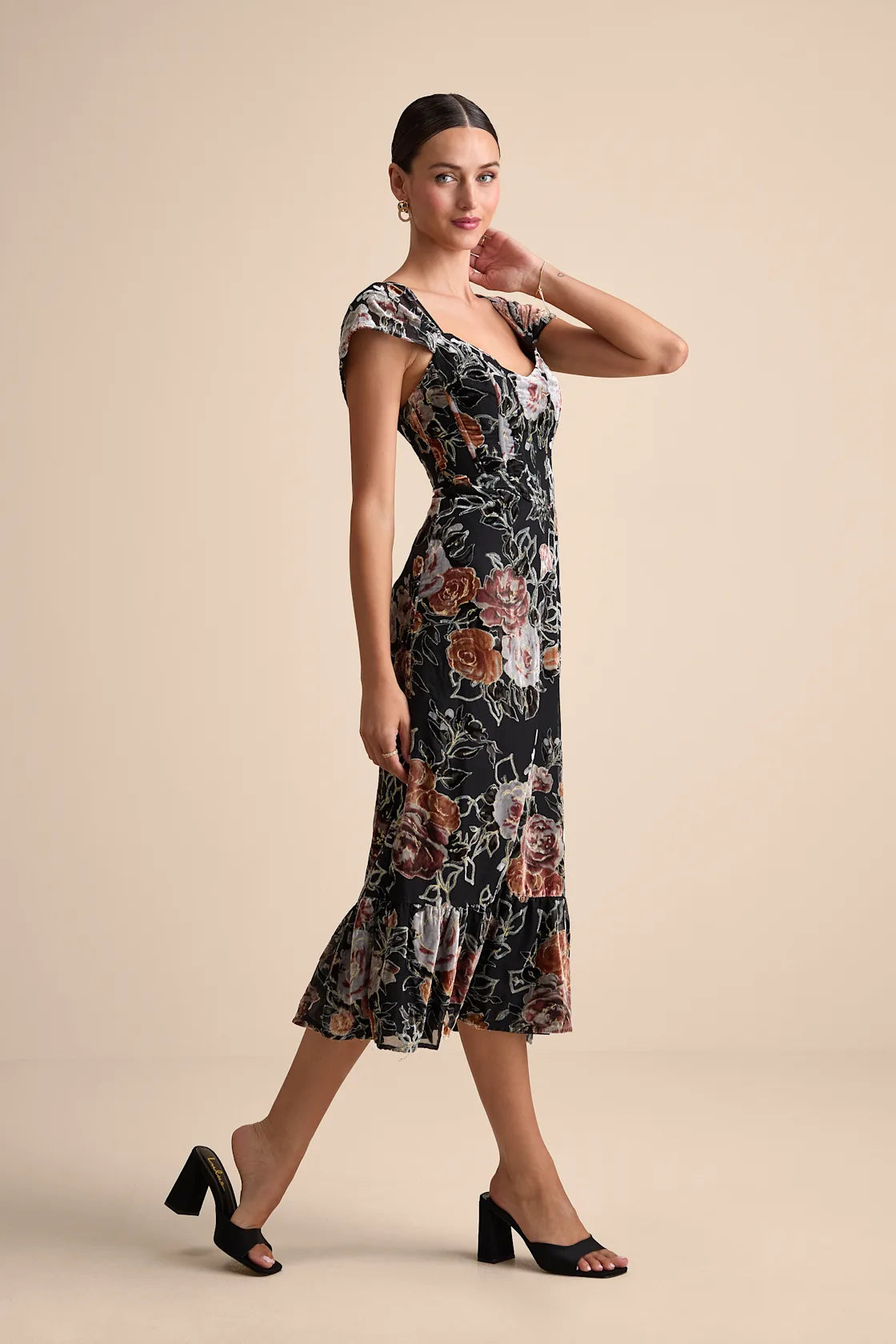 Composed Beauty Blush Pink Burnout Velvet Floral Midi Dress