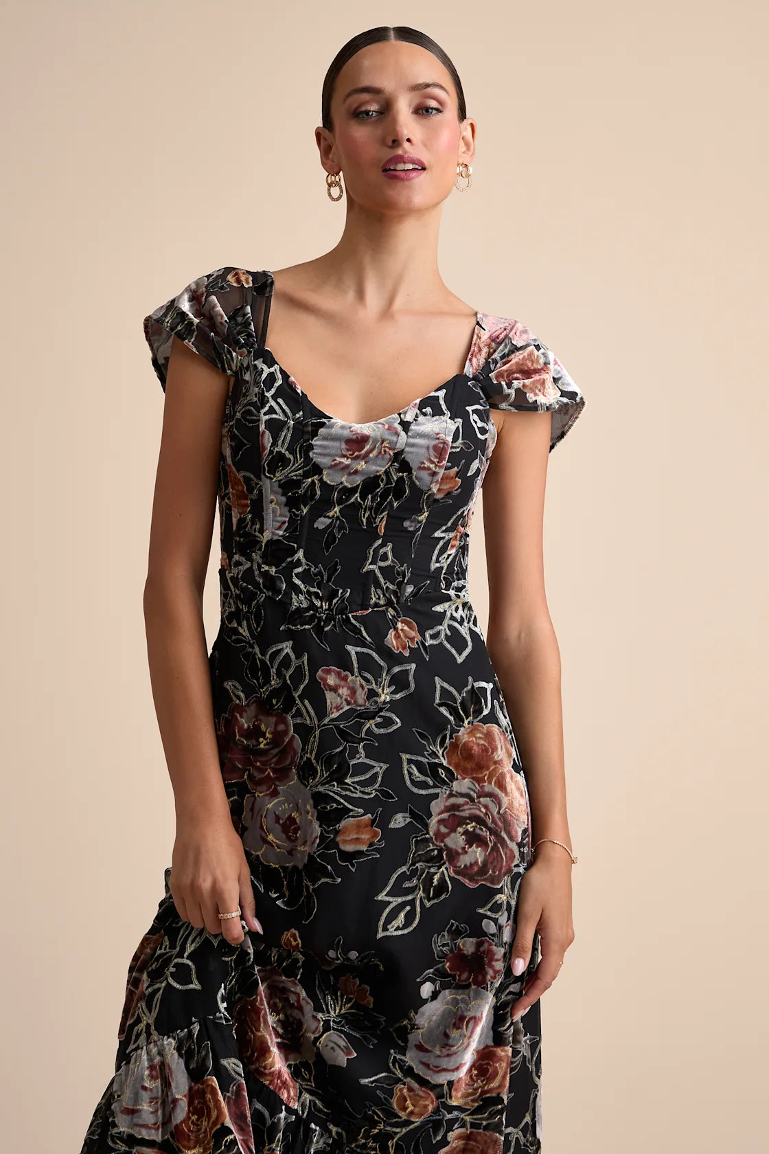 Composed Beauty Blush Pink Burnout Velvet Floral Midi Dress