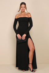 Alluring Sophistication Dark Plum Off-the-Shoulder Maxi Dress