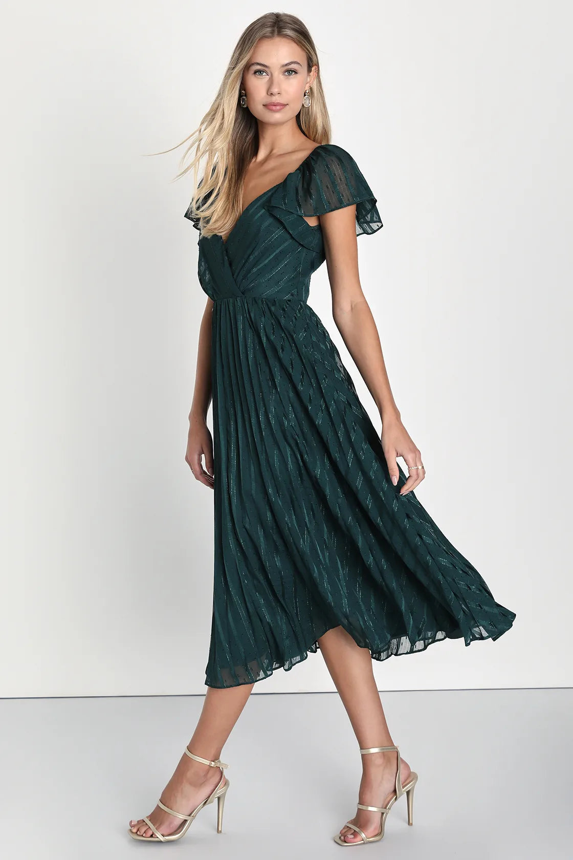 Standout Sophistication Mauve Lurex Flutter Sleeve Midi Dress
