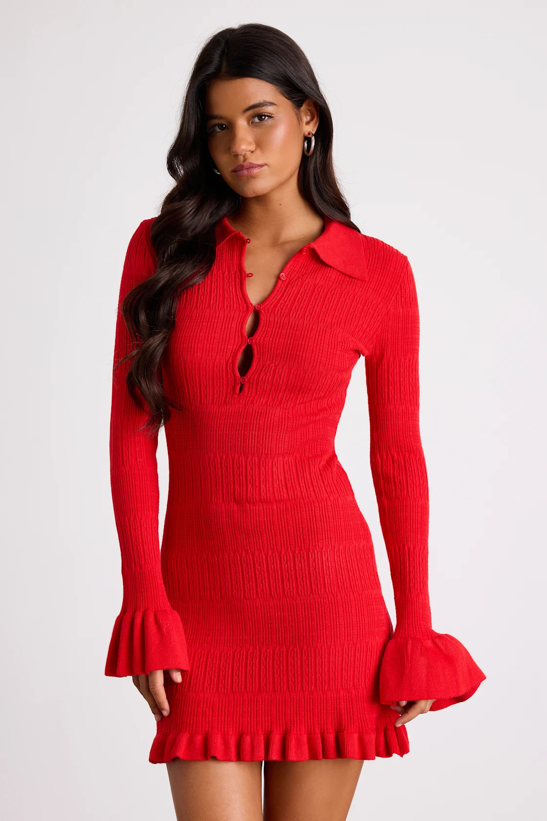 Coralee Navy Textured Collared Ruffled Sweater Mini Dress