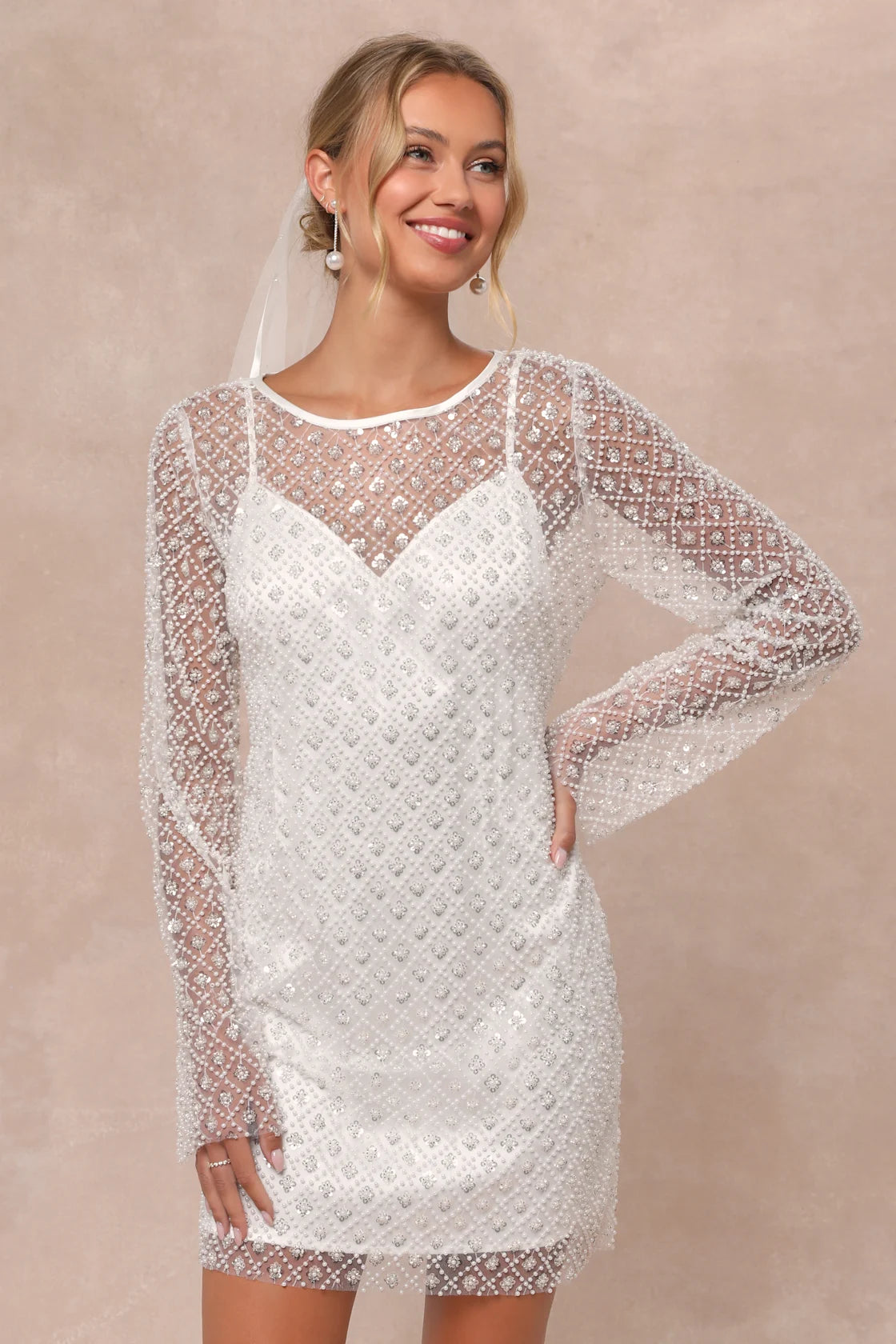 Glowing Charisma White Sequin Pearl Mesh Long Sleeve Mini Dress