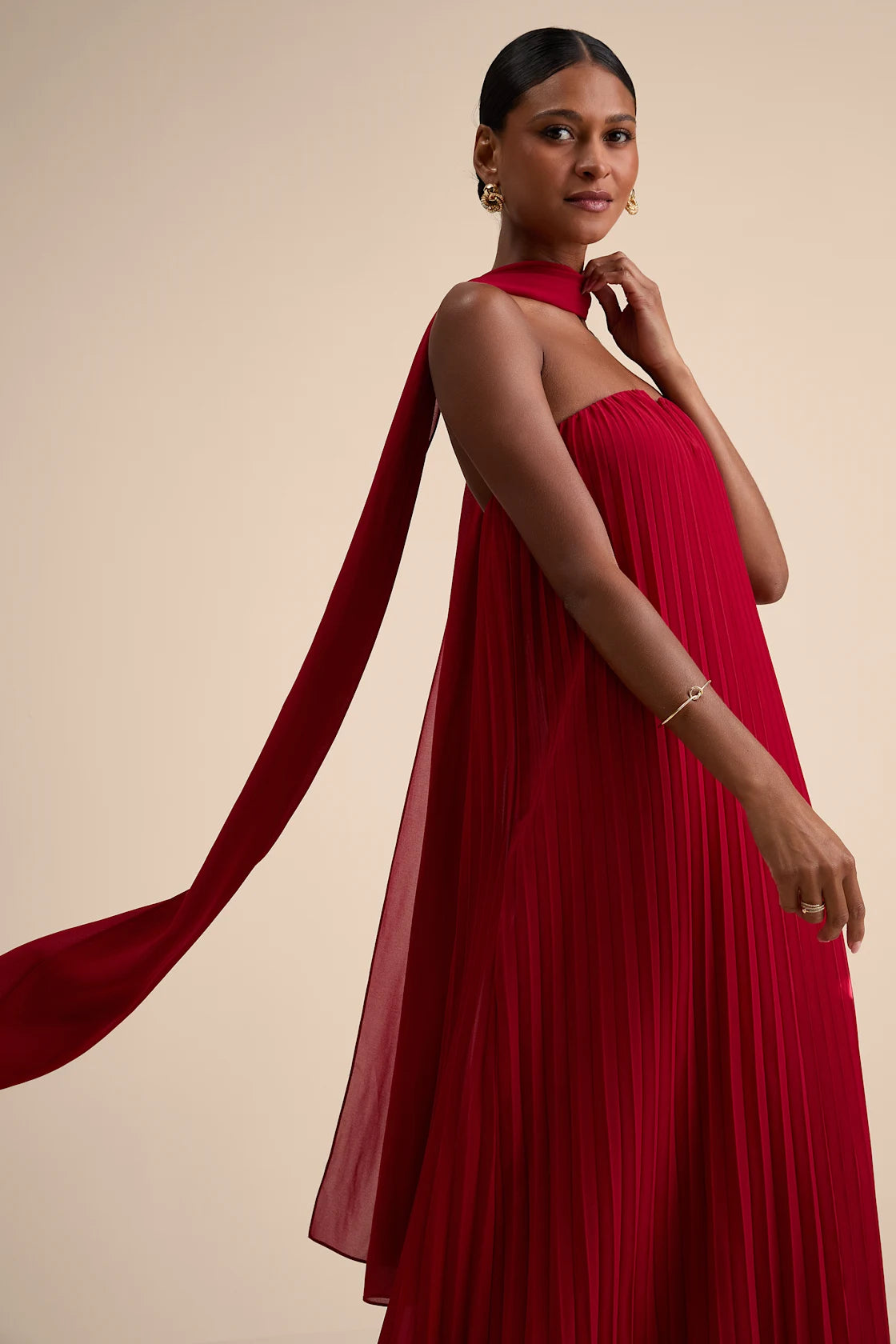 Lael Dark Red Pleated Strapless Dress and Scarf Set