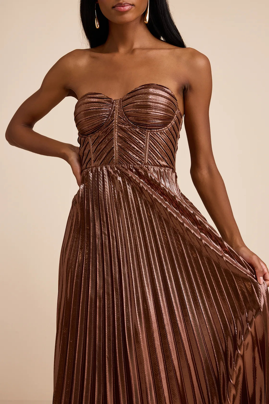 Shoshone Brown Pleated Lurex Strapless Bustier Maxi Dress
