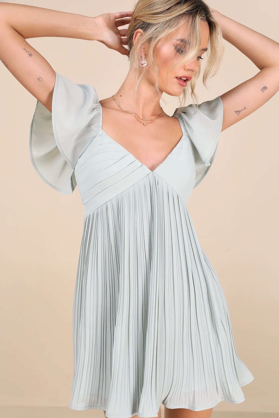 Amalfi Coast Emerald Pleated Flutter Sleeve Mini Dress
