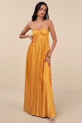 Whimsical Beauty Emerald Green Satin Plisse Strapless Maxi Dress
