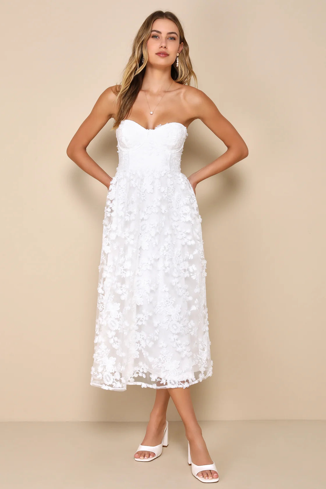Quite Perfect White Floral Embroidered Strapless Midi Dress