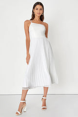 Wondrous Muse Navy Blue Pleated One-Shoulder Midi Dress