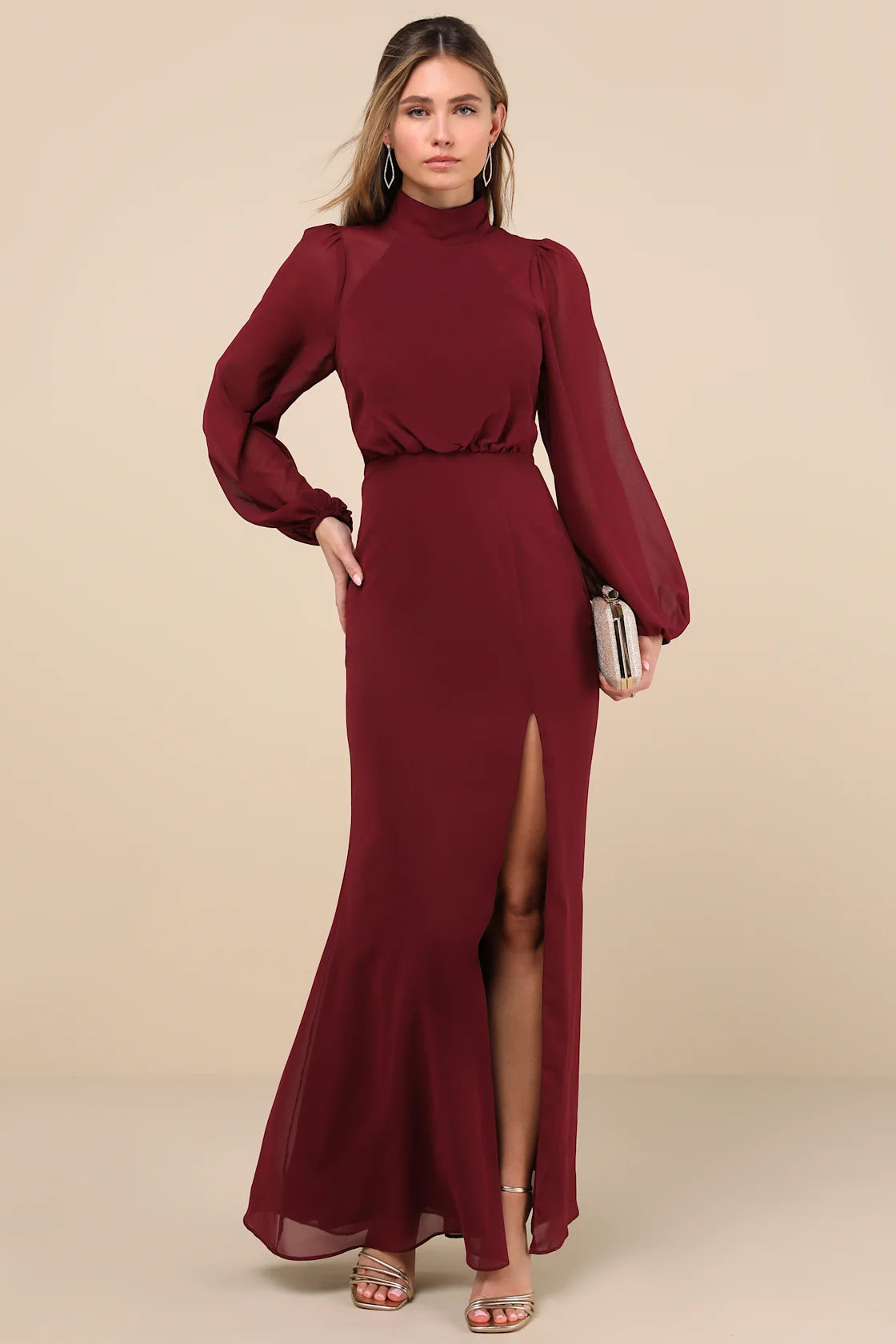 Graceful Entrance Navy Blue Long Sleeve Backless Maxi Dress