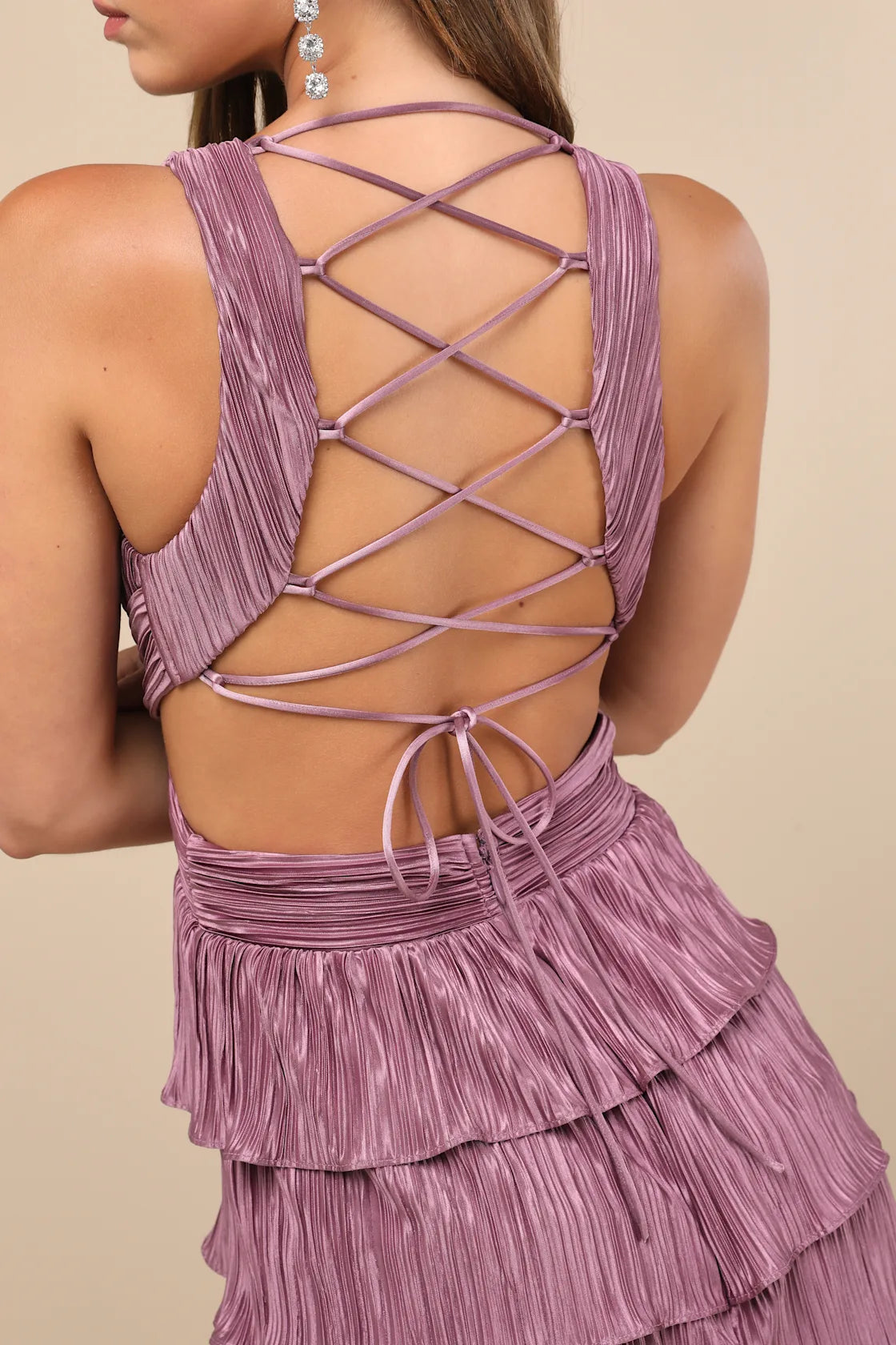 Beauty Icon Gold Satin Pleated Tiered Lace-Up Maxi Dress