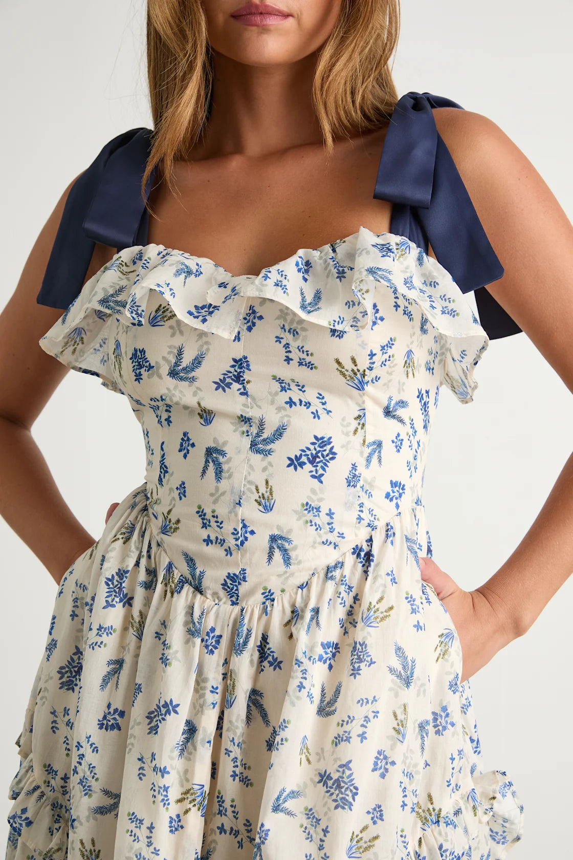 Candice Ivory Floral Ruffled Tie-Strap Midi Dress