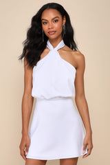 Sleek Essence Blue Satin Halter Sleeveless Mini Dress
