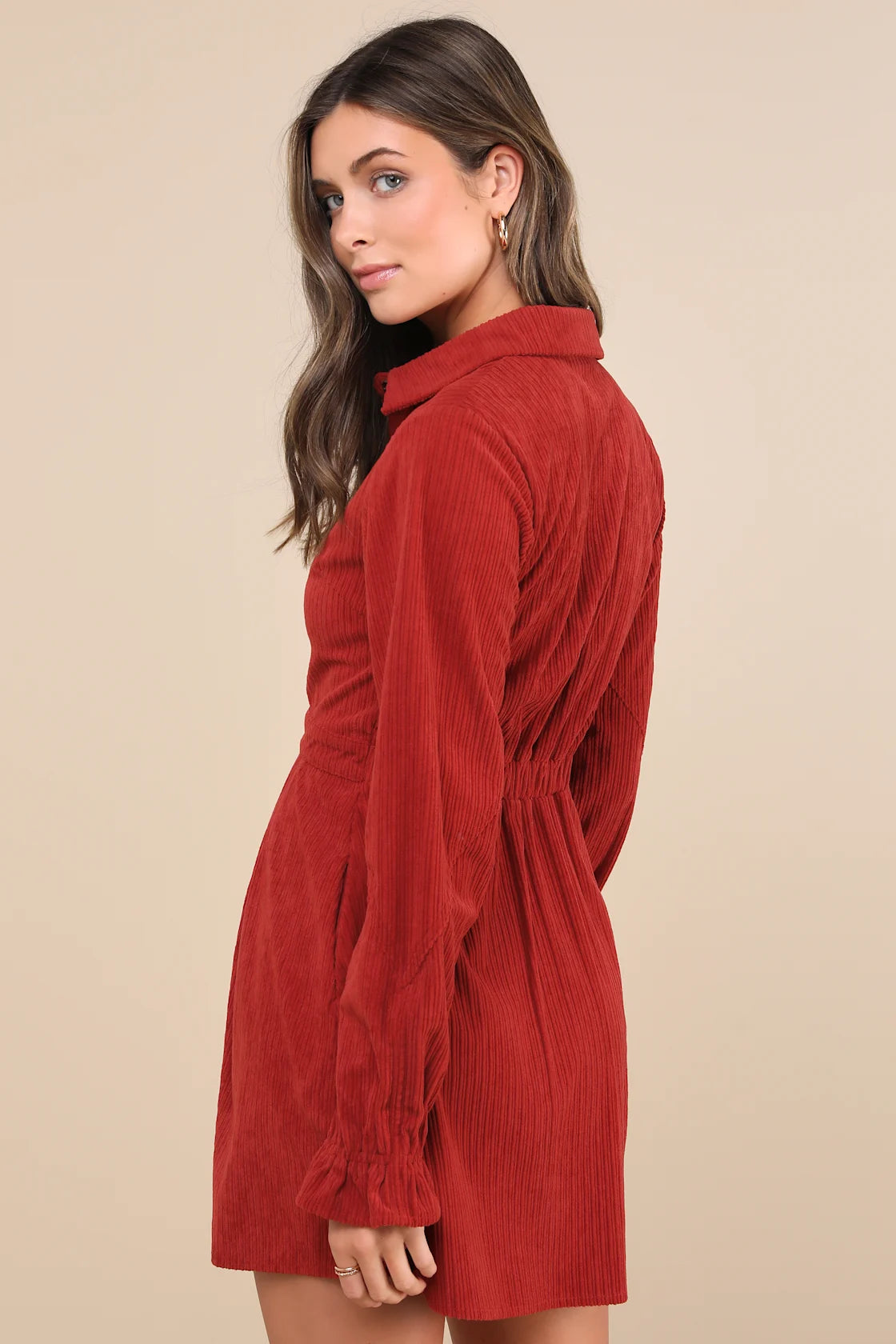 Autumn Mood Dark Brown Corduroy Mini Dress With Pockets