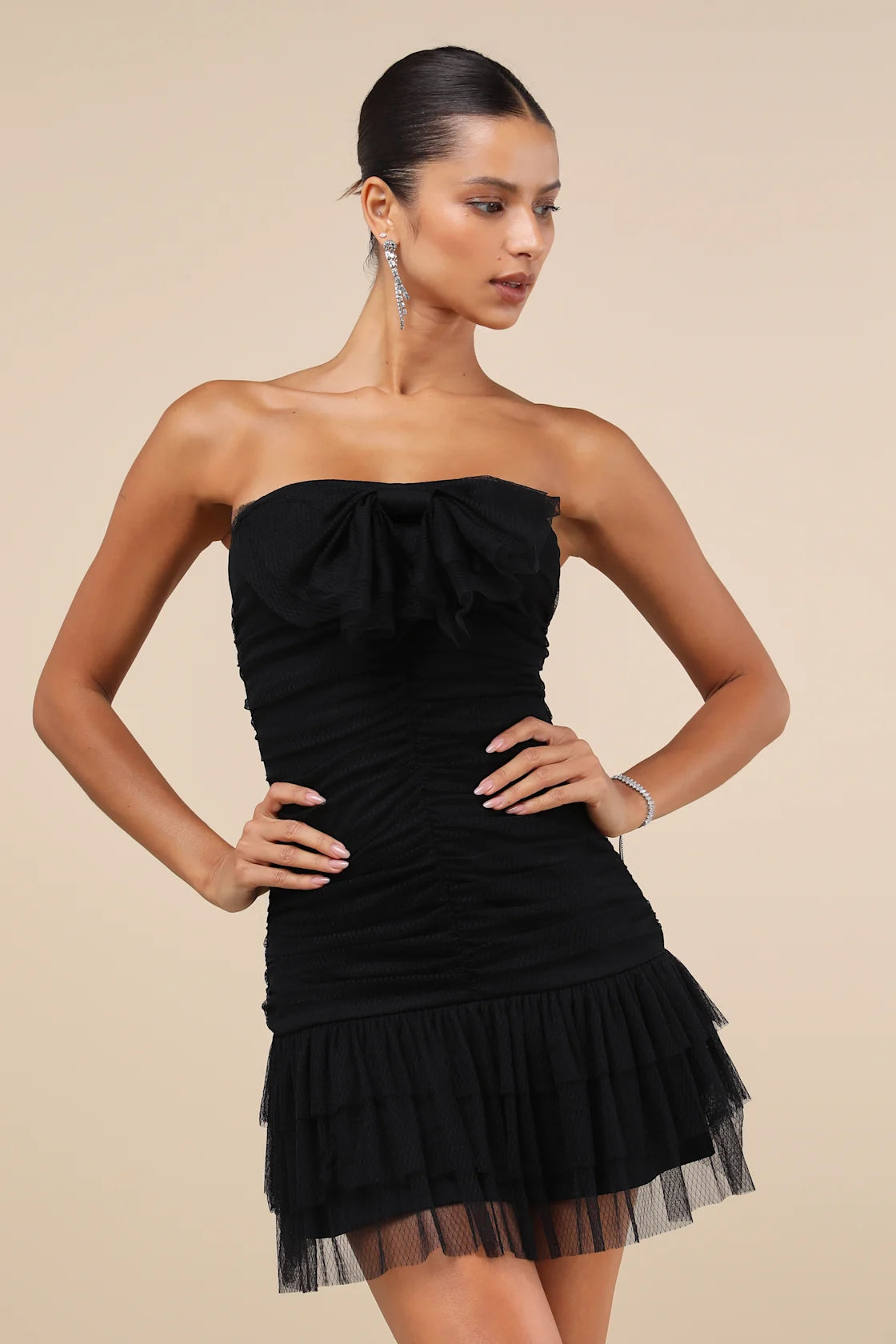 Picture-Perfect Persona Black Mesh Bow Ruched Mini Dress