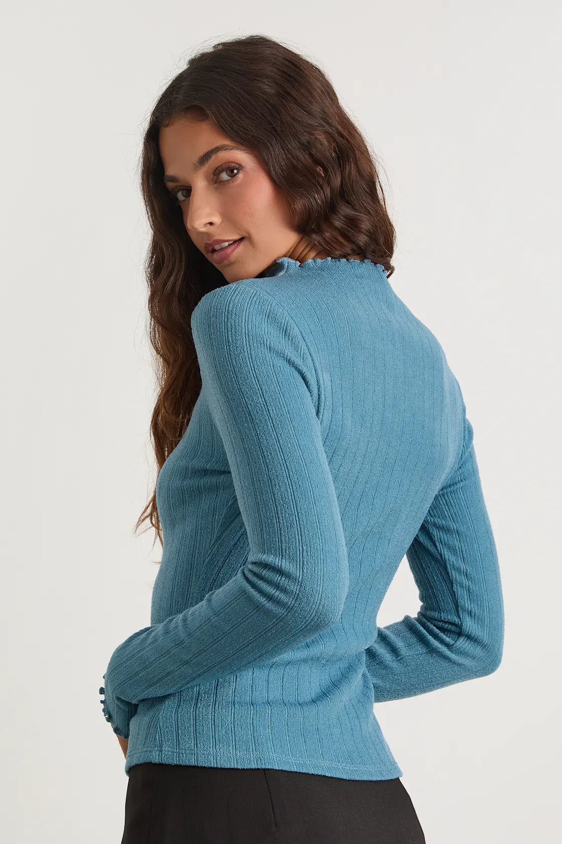 Charmed Vibes Ivory Ribbed Lettuce Edge Long Sleeve Top