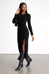 Refined Attitude Cream Ribbed Side Button Midi Sweater Dress
