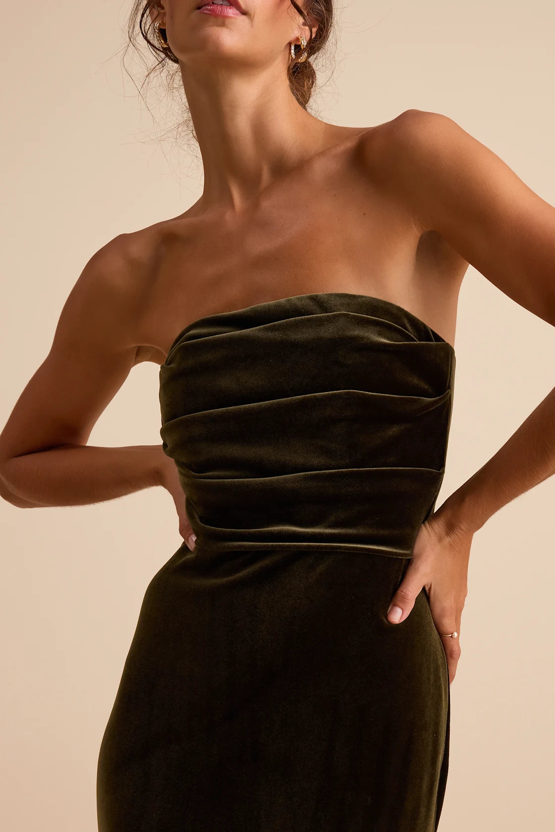 Maren Olive Velvet Strapless Mermaid Maxi Dress