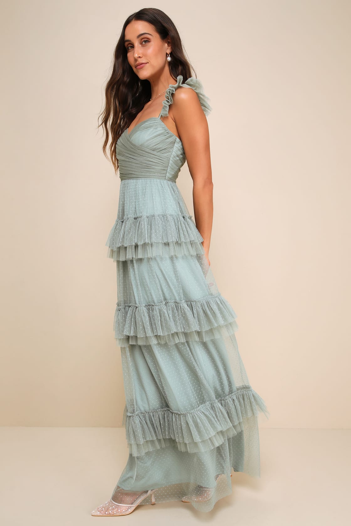 Pure Radiance Black Mesh Swiss Dot Tiered Maxi Dress