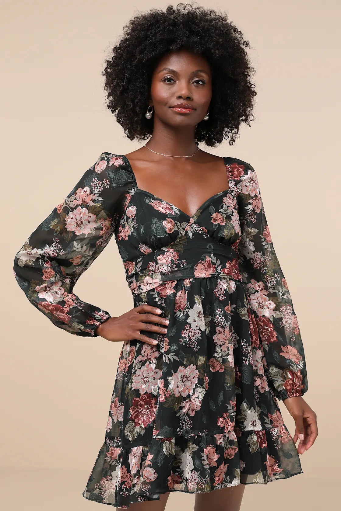 Truly Adorable Green Floral Burnout Balloon Sleeve Mini Dress
