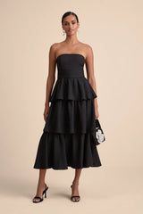 Truly Marvelous White Jacquard Strapless Tiered Midi Dress