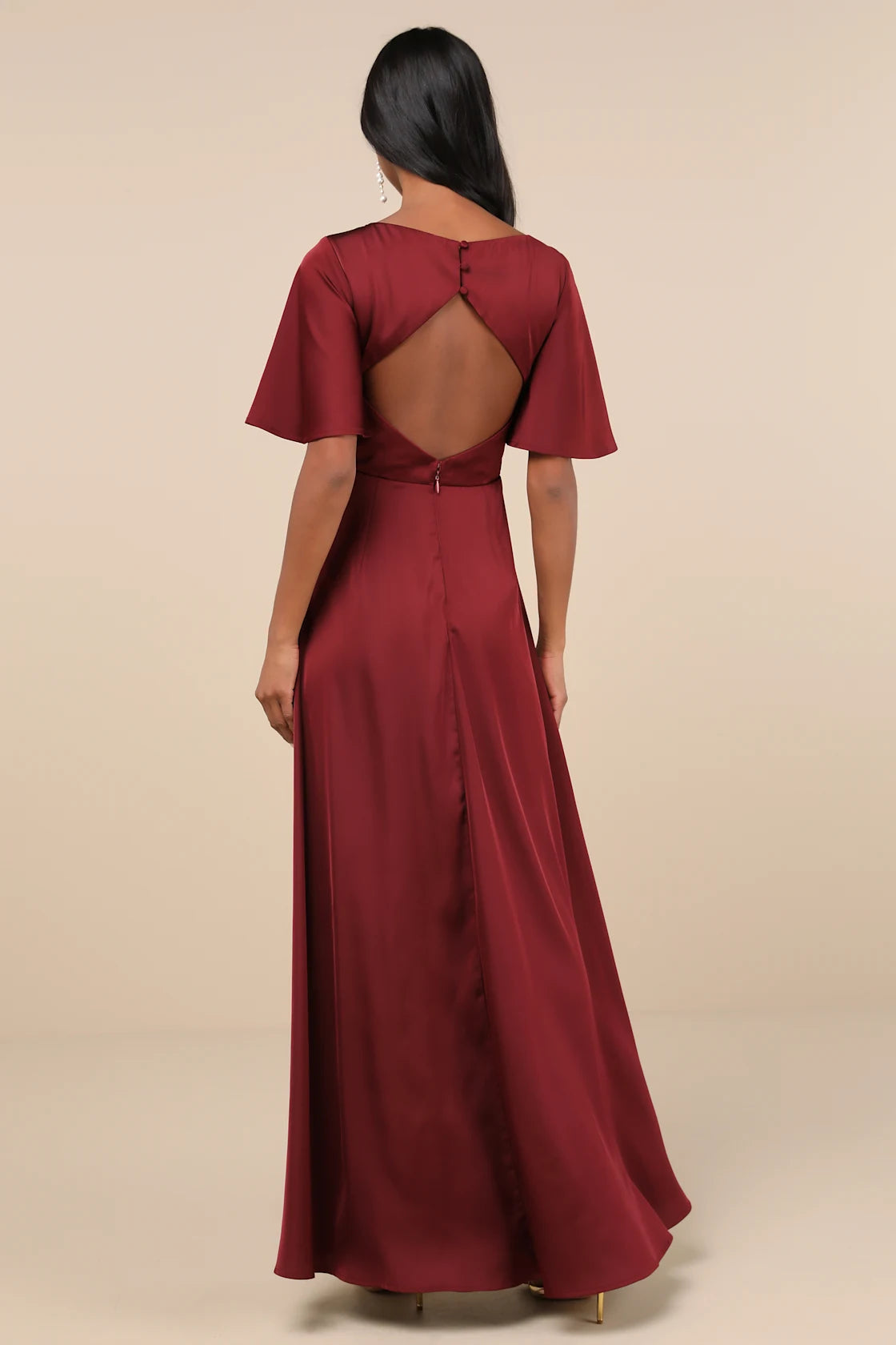 Elegant Confidence Navy Satin Flutter Sleeve Cutout Maxi Dress