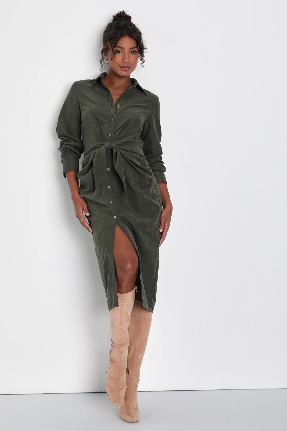 Autumnal Views Tan Suede Button-Up Tie-Front Midi Dress