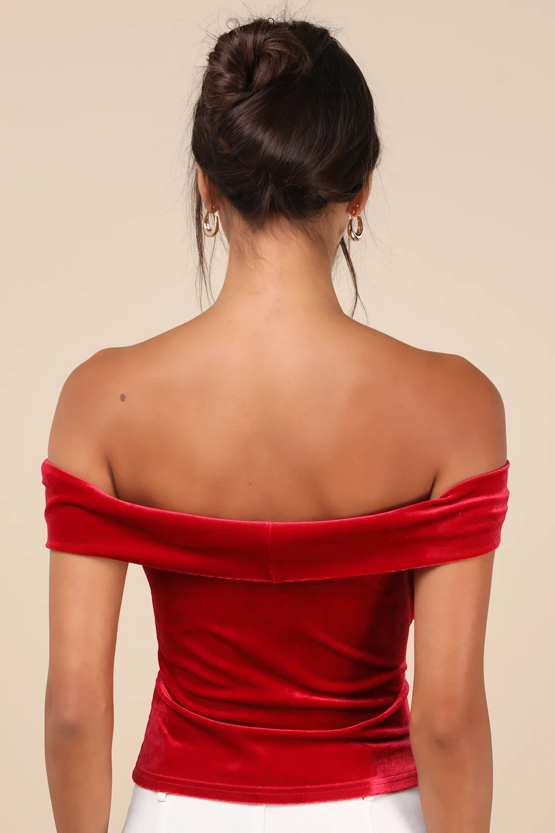 Ideal Attraction Red Velvet Off-the-Shoulder Top