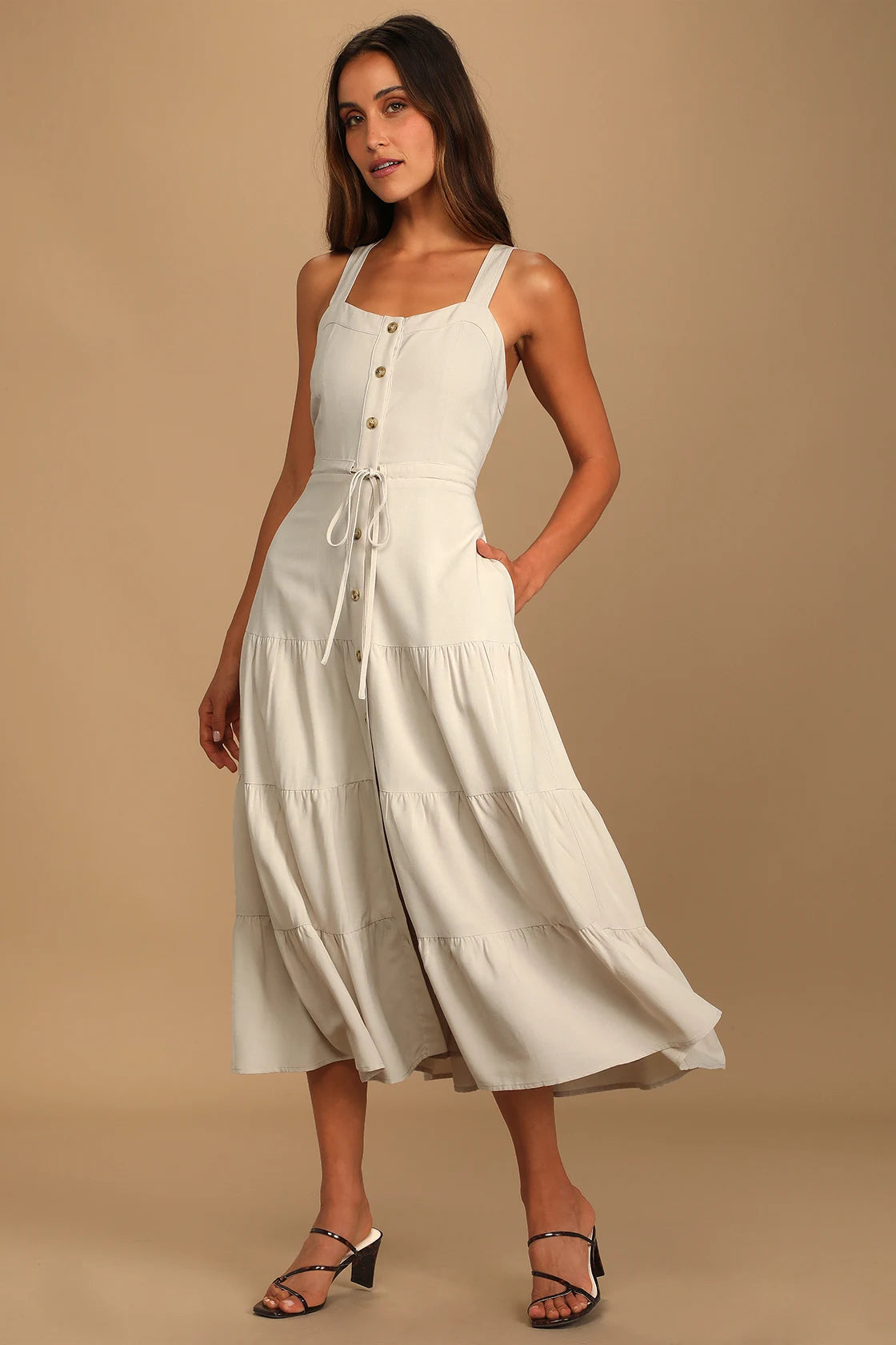 See the City Beige Button-Front Tiered Midi Dress