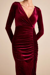 Yasna Brown Velvet Ruched Surplice Long Sleeve Maxi Dress
