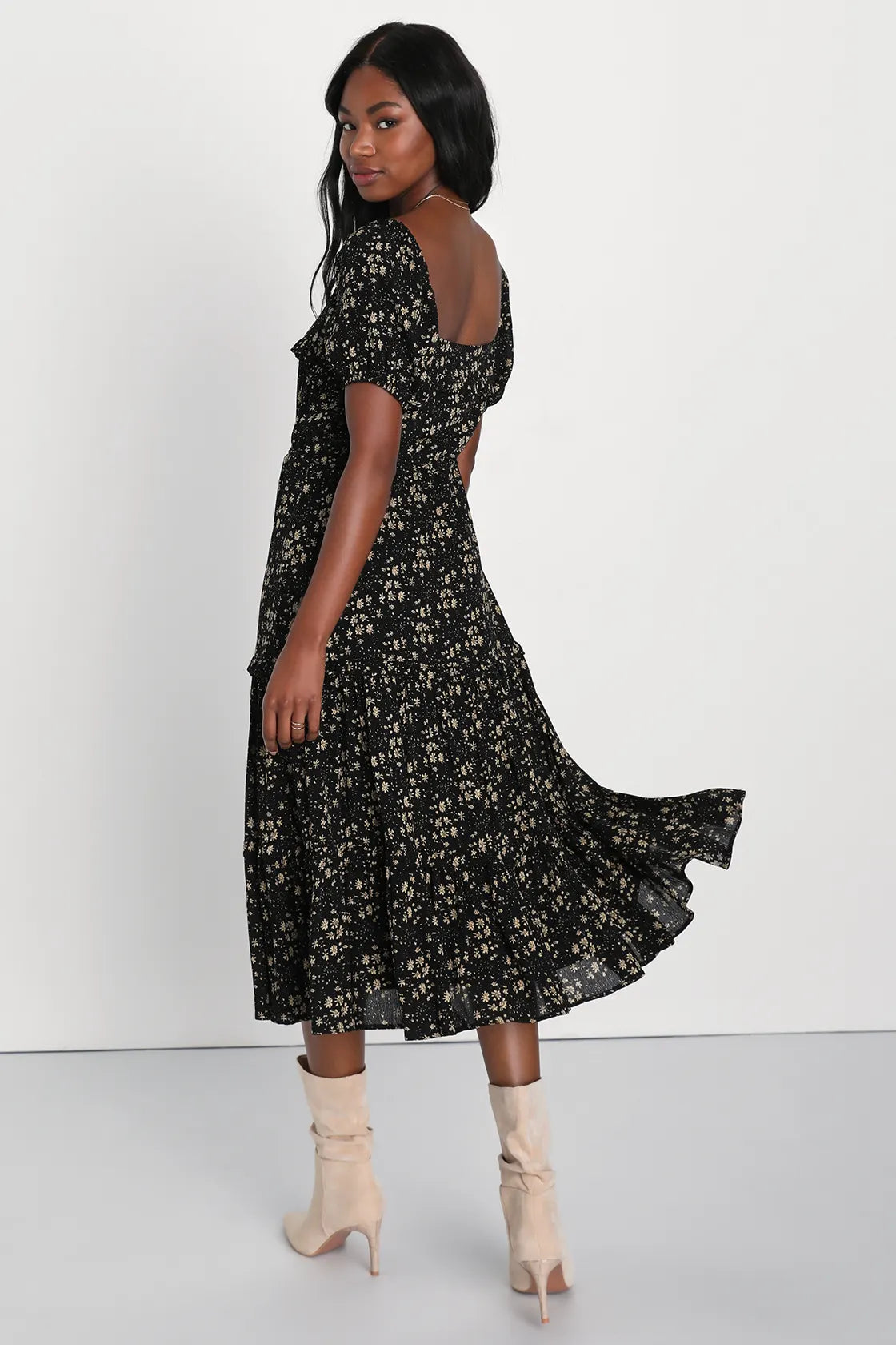 Adorable Ideal Burgundy Floral Print Tiered Ruffled Midi Dress