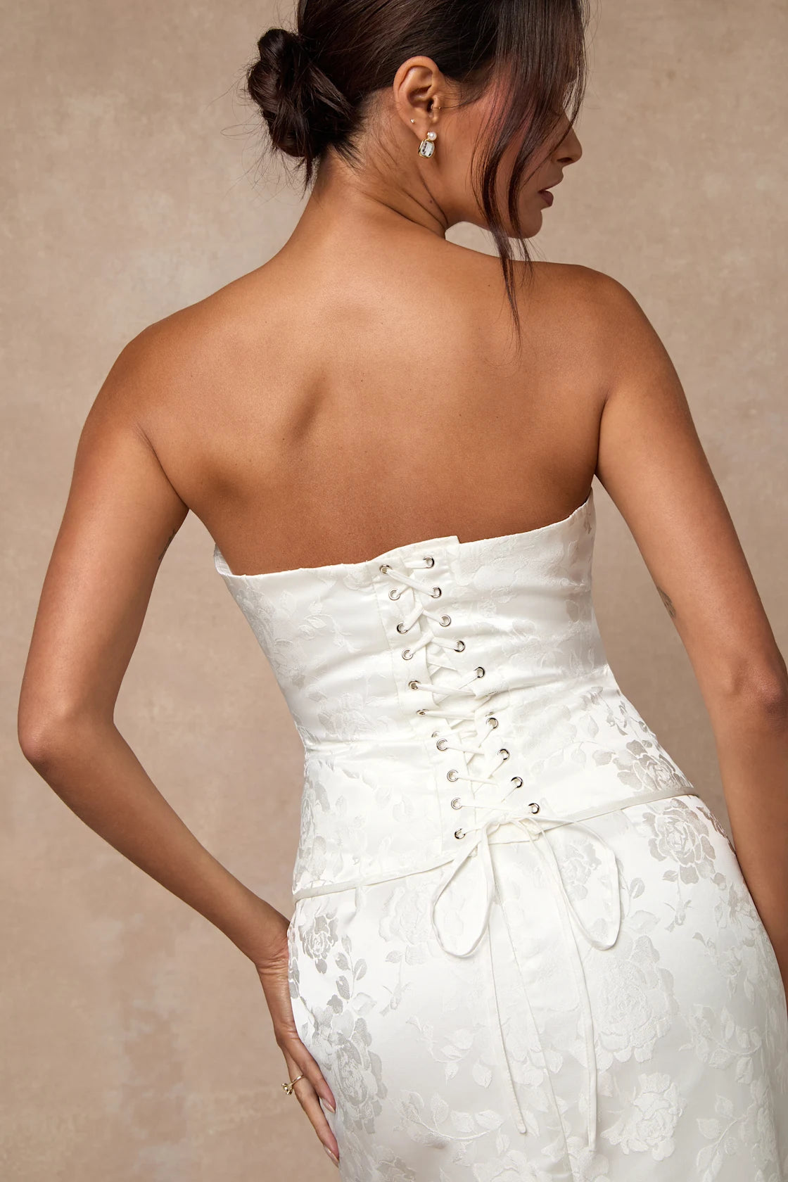 Melva White Satin Jacquard Two-Piece Bustier Maxi Dress